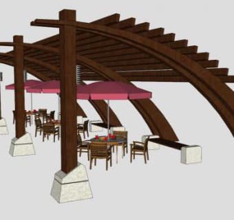 木质廊架遮阳伞和座椅SU模型下载_sketchup草图大师SKP模型