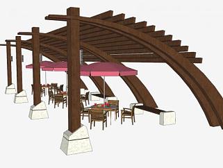 木质廊架遮阳伞和座椅SU模型下载_sketchup草图大师SKP模型
