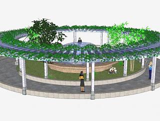 圆形廊架藤蔓植物和喷泉SU模型下载_sketchup草图大师SKP模型