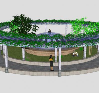圆形廊架藤蔓植物和喷泉SU模型下载_sketchup草图大师SKP模型