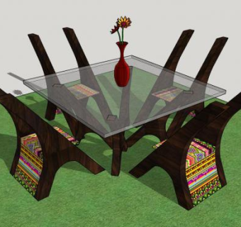 户外餐桌椅加花瓶SU模型下载_sketchup草图大师SKP模型