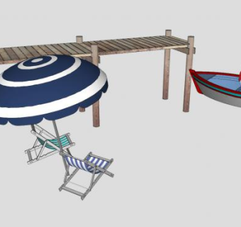 遮阳伞躺椅码头小船SU模型下载_sketchup草图大师SKP模型