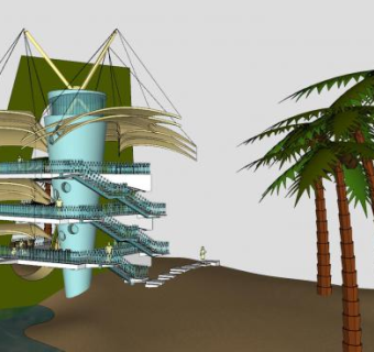 创意景观塔和椰树SU模型下载_sketchup草图大师SKP模型