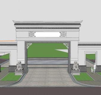 中式徽派大门石狮SU模型下载_sketchup草图大师SKP模型