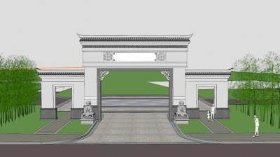 中式徽派大门石狮SU模型下载_sketchup草图大师SKP模型