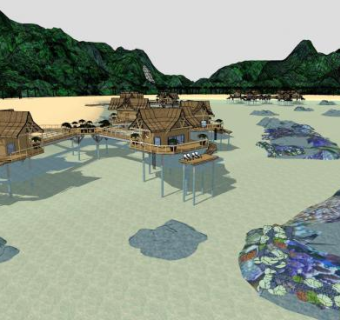 绿水青山海边水上房屋SU模型下载_sketchup草图大师SKP模型