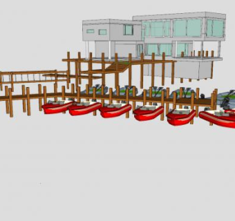 码头栈道和船舶SU模型下载_sketchup草图大师SKP模型