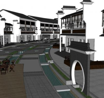 中式徽派仿古商业街SU模型下载_sketchup草图大师SKP模型