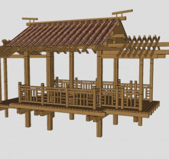 木质水榭亭子SU模型下载_sketchup草图大师SKP模型