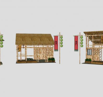 乡村风情茅草屋亭子SU模型下载_sketchup草图大师SKP模型