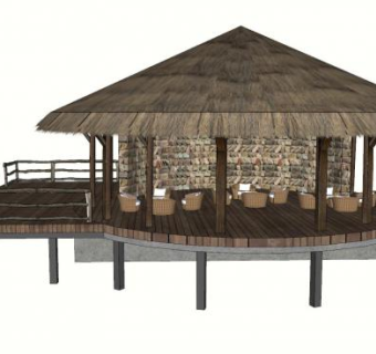 观景茅草屋茅和桌椅SU模型下载_sketchup草图大师SKP模型