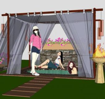 帐篷亭子户外温泉SU模型下载_sketchup草图大师SKP模型