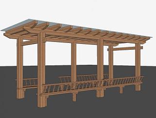 常见的木质廊架花架带座椅SU模型下载_sketchup草图大师SKP模型