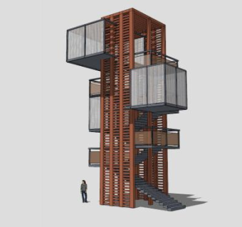 现代木质集装箱高楼建筑SU模型下载_sketchup草图大师SKP模型