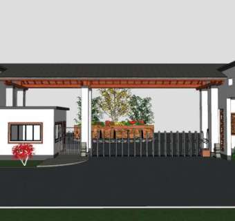 中式生态农业园大门和水景泰山石SU模型下载_sketchup草图大师SKP模型