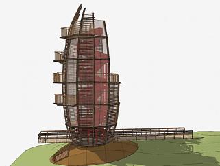 现代五层景观塔建筑SU模型下载_sketchup草图大师SKP模型