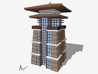 新中式景观塔建筑SU模型下载_sketchup草图大师SKP模型