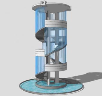 现代水景螺旋塔SU模型下载_sketchup草图大师SKP模型