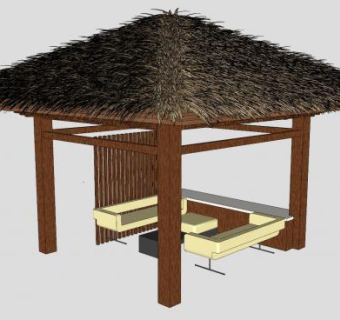 景观茅草亭和户外桌椅SU模型下载_sketchup草图大师SKP模型