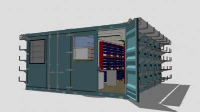 简约青色集装箱房设计SU模型下载_sketchup草图大师SKP模型