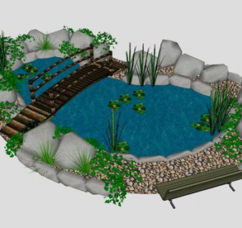 荷叶池塘木桥桥梁SU模型下载_sketchup草图大师SKP模型