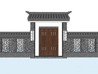 中式庭院大门围墙入口SU模型下载_sketchup草图大师SKP模型