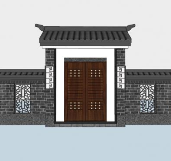 中式庭院大门围墙入口SU模型下载_sketchup草图大师SKP模型