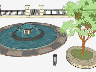 欧式围墙喷泉景观SU模型下载_sketchup草图大师SKP模型