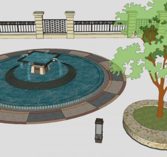 欧式围墙喷泉景观SU模型下载_sketchup草图大师SKP模型