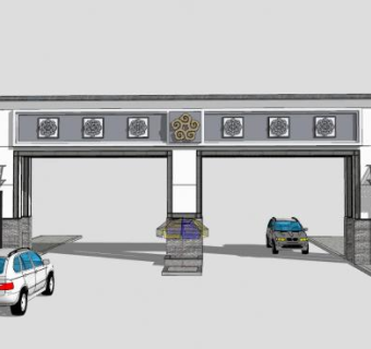 新中式小区入口大门SU模型下载_sketchup草图大师SKP模型