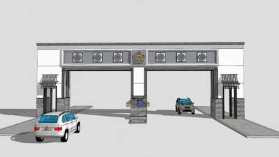 新中式小区入口大门SU模型下载_sketchup草图大师SKP模型