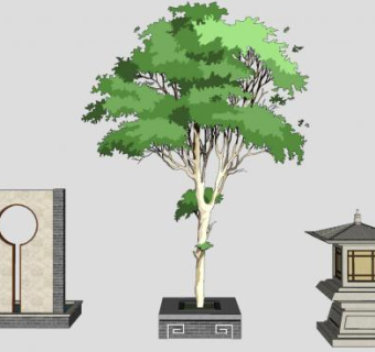 庭院石灯景墙树池SU模型下载_sketchup草图大师SKP模型
