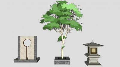 庭院石灯景墙树池SU模型下载_sketchup草图大师SKP模型