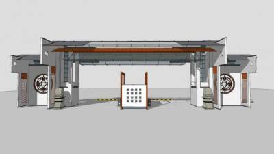 新中式景墙小区大门SU模型下载_sketchup草图大师SKP模型