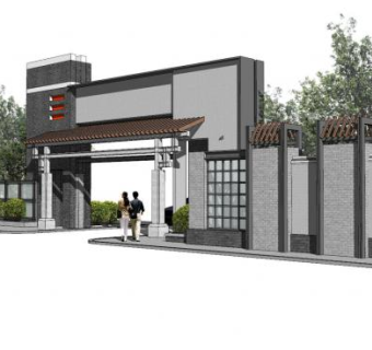新中式入口大门设计SU模型下载_sketchup草图大师SKP模型