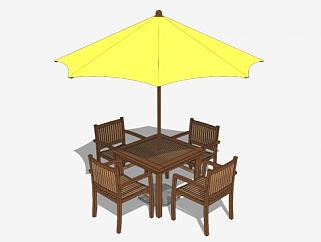 中式黄色户外伞木质桌椅SU模型下载_sketchup草图大师SKP模型