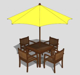 中式黄色户外伞木质桌椅SU模型下载_sketchup草图大师SKP模型