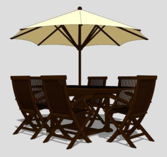 现代户外伞木质桌椅SU模型下载_sketchup草图大师SKP模型