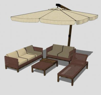 中式木质茶坐户外伞桌椅SU模型下载_sketchup草图大师SKP模型