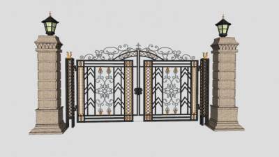 欧式精细铁艺门大门SU模型下载_sketchup草图大师SKP模型