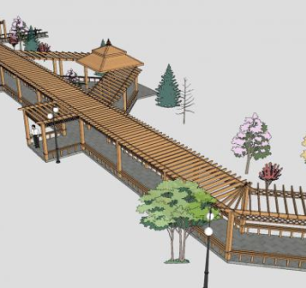 景观长廊木制廊架路灯树木SU模型下载_sketchup草图大师SKP模型