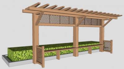 木制廊架和冬青花圃SU模型下载_sketchup草图大师SKP模型