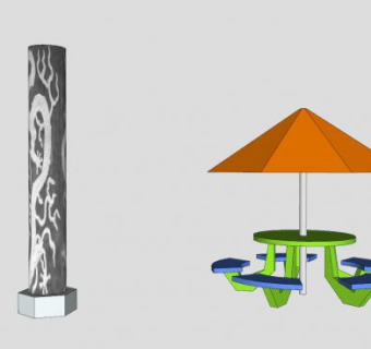 盘龙柱子和户外休息遮阳伞座椅SU模型下载_sketchup草图大师SKP模型