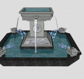 中式大型龙头喷泉水景水池SU模型下载_sketchup草图大师SKP模型