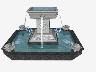中式大型龙头喷泉水景水池SU模型下载_sketchup草图大师SKP模型