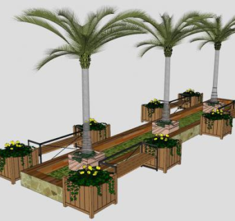 棕树木制花箱树池商业街小品SU模型下载_sketchup草图大师SKP模型