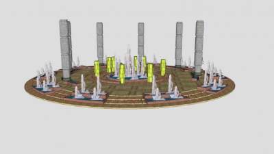 欧式公园中央喷泉景观石柱水景SU模型下载_sketchup草图大师SKP模型