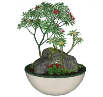 山水花盆盆景植物SU模型下载_sketchup草图大师SKP模型
