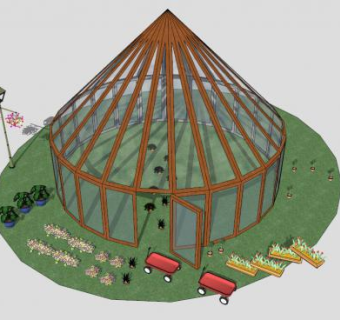 阳光房蒙古包状玻璃大棚SU模型下载_sketchup草图大师SKP模型