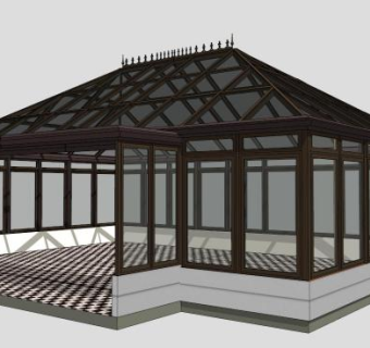 中式户外阳光房温室SU模型下载_sketchup草图大师SKP模型